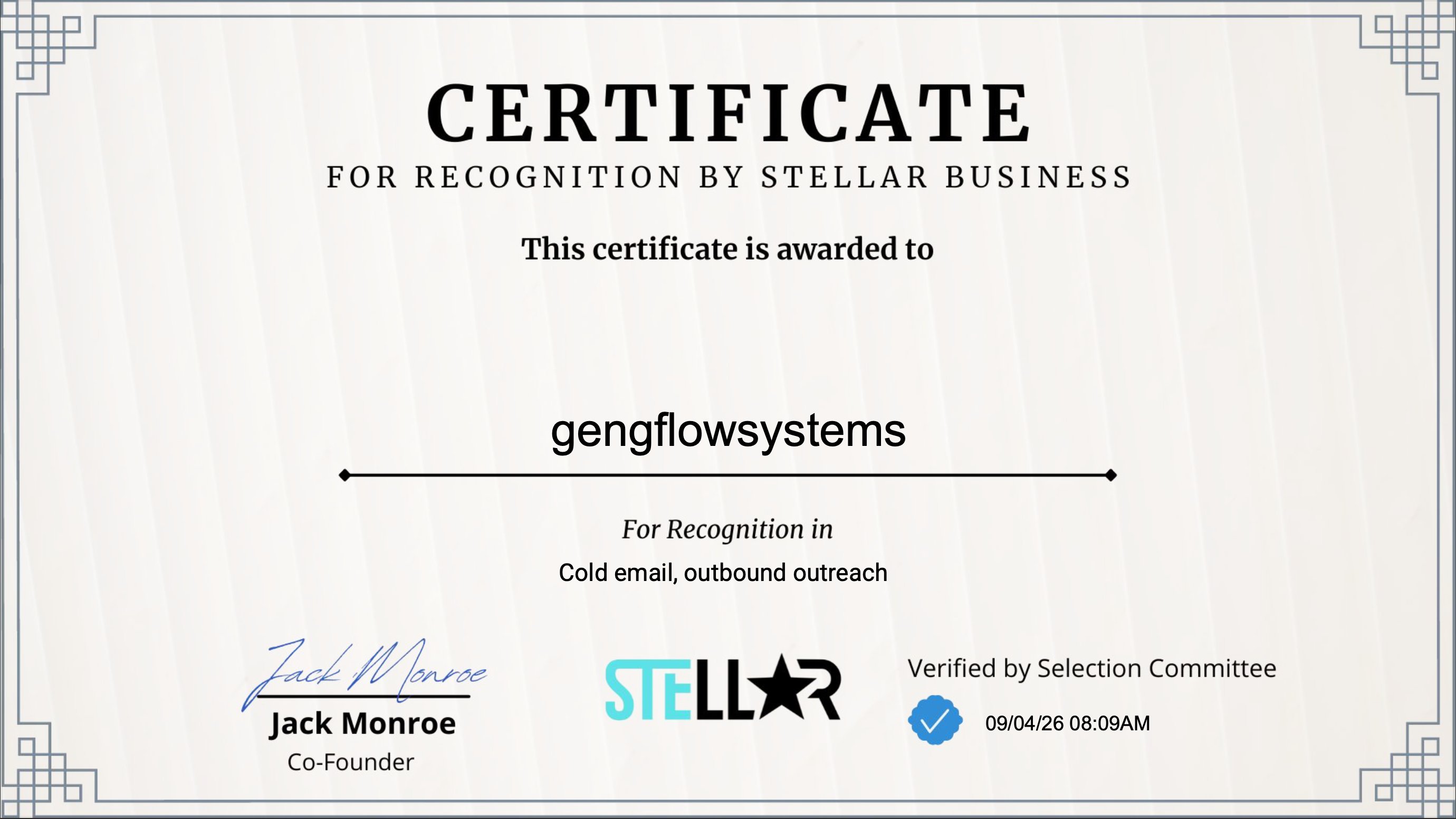 Certificado de Stellar Business - Reconocimiento en Cold Email y Outbound Outreach